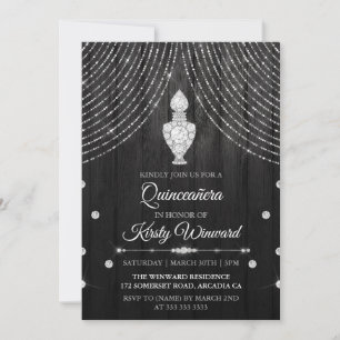 Silberne schwarze Diamant Parfümflasche Quinceaner Einladung