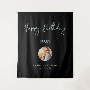 Silberne & Schwarze Happy Birthday Foto-Party-Deko Wandteppich