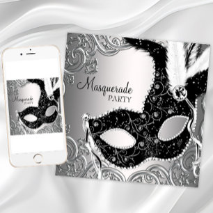Silberne schwarze Masken-Maskerade-Party Einladung