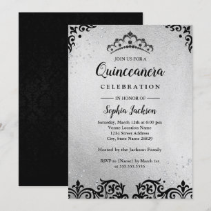 Silberne schwarze Tiara-Damaskus-Quinceanera Einladung