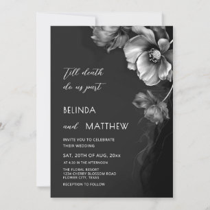 Silberne schwarze und weiße Blumen Goth Hochzeit Einladung