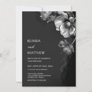 Silberne schwarze und weiße Blumen Hochzeit  Einladung