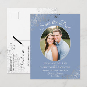 Silberne Spitze Staublila Hochzeit Foto zur Voraba Ankündigungspostkarte