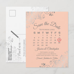 Silberne Spitzen-Korallen-Hochzeit-Save-the-Date-K Ankündigungspostkarte