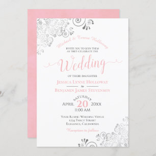 Silberne Spitzen und rosa, formale weiße Hochzeit Einladung