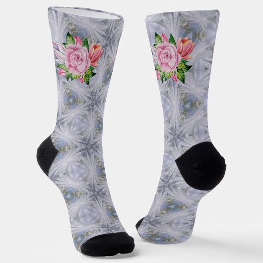 Silberne Sterne und rosa Rosen Socken