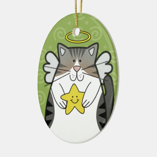 Silberne Tabby-Engels-Katze mit Stern-Verzierung Keramik Ornament (Links)