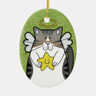 Silberne Tabby-Engels-Katze mit Stern-Verzierung Keramik Ornament