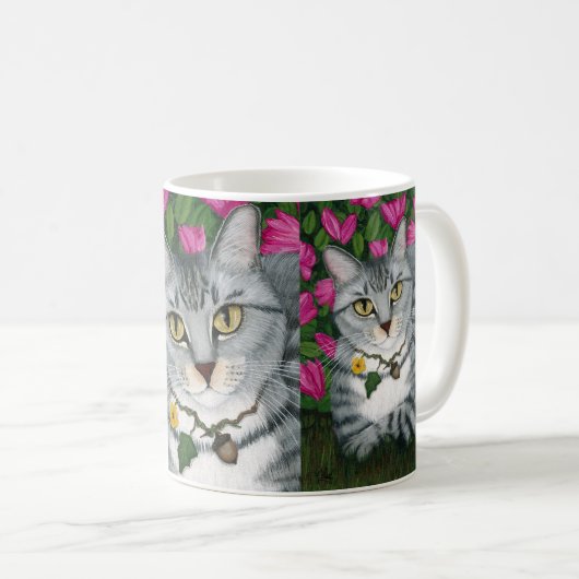 Silberne Tabby-Katzen-Azaleen-Garten-Katzen-Tasse Kaffeetasse (VorderseiteRechts)