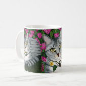 Silberne Tabby-Katzen-Azaleen-Garten-Katzen-Tasse Kaffeetasse (Vorderseite Links)