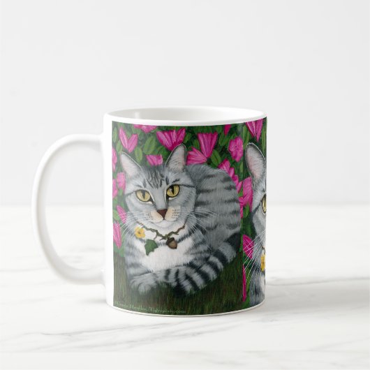 Silberne Tabby-Katzen-Azaleen-Garten-Katzen-Tasse Kaffeetasse (Links)