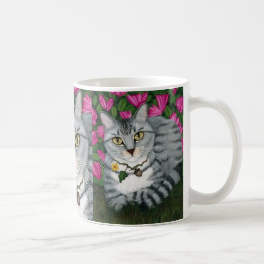 Silberne Tabby-Katzen-Azaleen-Garten-Katzen-Tasse Kaffeetasse (Rechts)