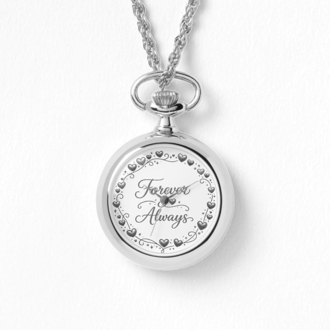 Silberne Taschenuhr "Forever Always" mit Herzde Armbanduhr (Vorderseite)