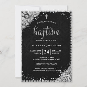 Silberne Taufeinladung mit schwarzer Diamant-Lace  Einladung