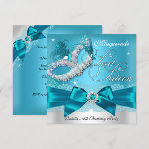 Silberne Teal-Bogen-Masquerade-Sweet-Sixteen-Einla Einladung
