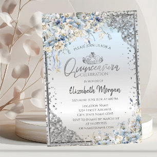Silberne Tiara,Diamanten Blaue Blumen Quinceañera  Einladung