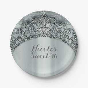 Silberne Tiara-Krone und Diamant-Bling-Party Pappteller