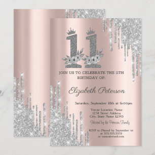 Silberne Tröpfchen Blumen Roségold 11. Geburtstag  Einladung
