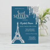 Silberne Tropfen, Diamonds Eiffelturm Sweet 16 Einladung (Stehend Vorderseite)