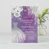 Silberne Tropfen, Kleid Rose Lila Quinceanera Einladung (Stehend Vorderseite)