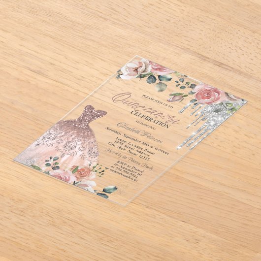 Silberne Tropfen, Kleid, Rose Rosa Quinceanera Acryleinladungen (Ablage )