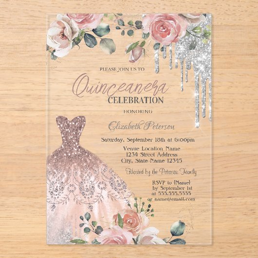 Silberne Tropfen, Kleid, Rose Rosa Quinceanera Acryleinladungen (Vorderseite)