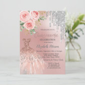 Silberne Tropfen, Kleid, Rosen, Quinceanera Einladung (Stehend Vorderseite)