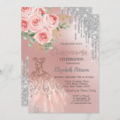 Silberne Tropfen, Kleid, Rosen, Quinceanera Einladung (Vorne/Hinten)