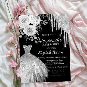 Silberne Tropfen, Kleid Rosen Schwarze Quinceanera Einladung