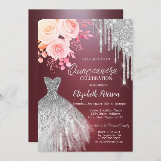 Silberne Tropfen, Kleidung Rose Burgundy Quinceane Einladung (Vorne/Hinten)
