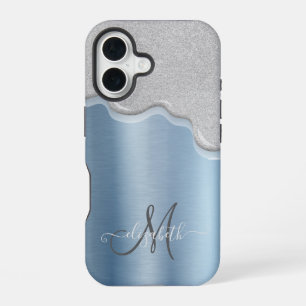 Silberne Tropfen Monogramm Blau Metallic iPhone 16 Hülle