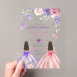 Silberne Twin Princess lila und rosa Quinceañera Acryleinladungen