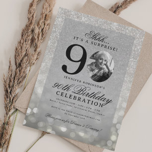Silberne ÜBERRASCHUNG Foto Glam 90. Geburtstag Einladung