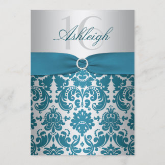 Silberne und aquamarine Damast-16. Einladung
