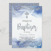 Silberne und blaue Boy-Taufe Einladung (Vorne/Hinten)