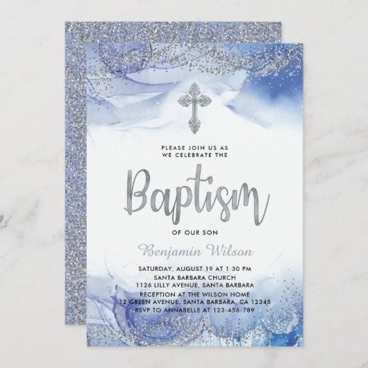 Silberne und blaue Boy-Taufe Einladung (Vorne/Hinten)