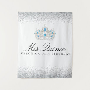 Silberne und blaue Quinceanera-Fotobooth Wandteppich