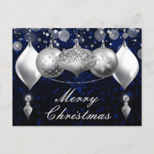 Silberne und blaue Weihnachtsbaumkugeln Ornamente Feiertagspostkarte