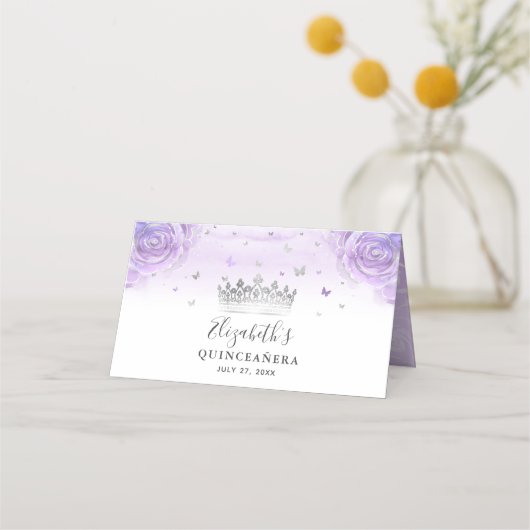 Silberne und hellviolette Rosen Elegant Platzkarte (Rückseite)