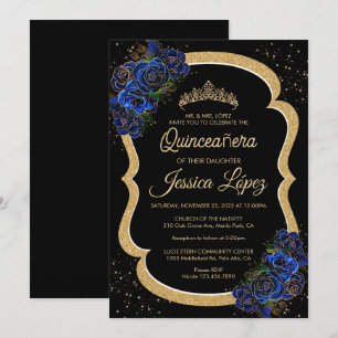 Silberne und königsblaue Rosen Elegante Quinceaner Einladung