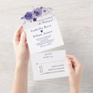 Silberne und lila Hochzeitseinladungen All In One Einladung