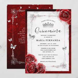 Silberne und rote Rose Elegante Quinceanera Einladung
