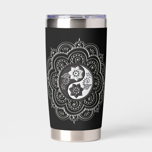Silberne und schwarze Mandala-Wasserflasche Thermobecher (Vorderseite)