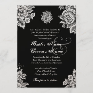 Silberne und schwarze Vintage-Blumen-Hochzeit Einladung