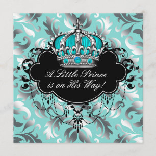 Silberne und Türkisblaue Prinz Baby Boy Shower Einladung