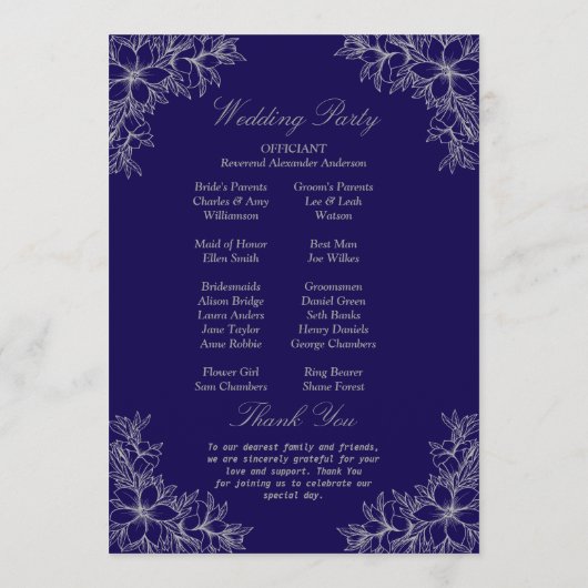 Silberne Verzierte Blumenhochzeit Programm (Rückseite)