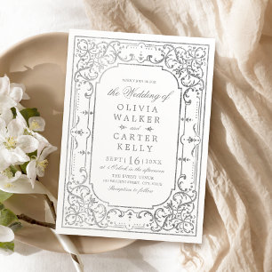 Silberne verzierte romantische Hochzeit Einladung