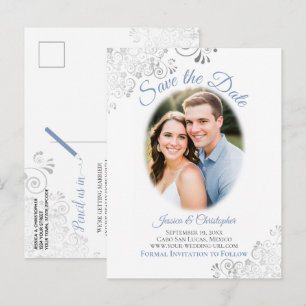 Silberne Verzierungen mit Foto Blau Hochzeit Termi Ankündigungspostkarte