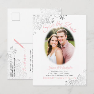 Silberne Verzierungen mit Foto Rosa Hochzeit Save Ankündigungspostkarte
