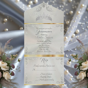 Silberne Vintage-Rand-Quinceanera - Grün All In One Einladung